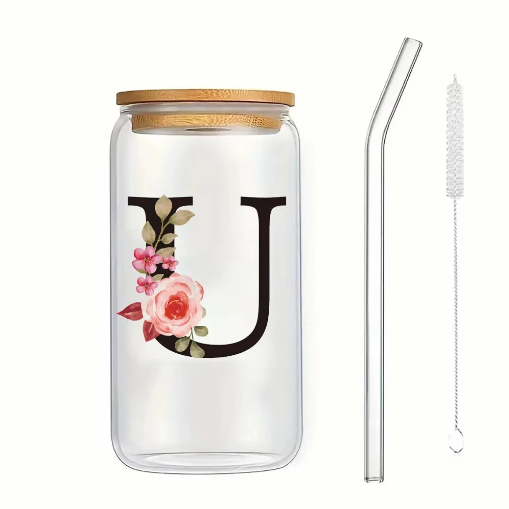 500ml Floral Alphabet Glass Cup with Bamboo Lid and Straw Coffee Mug - 47