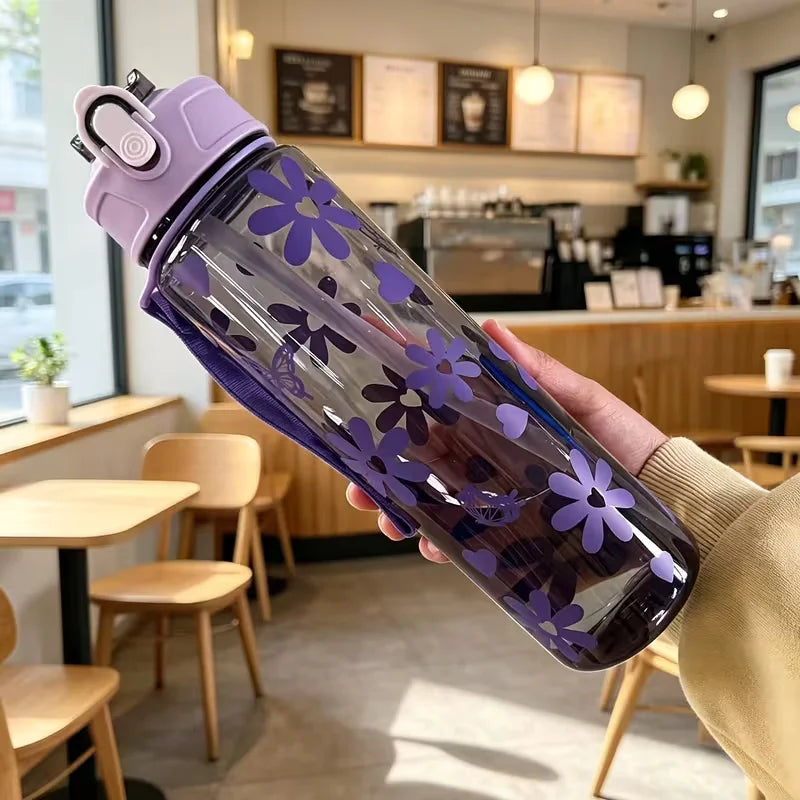 750ml Floral Straw Water Bottle Aesthetic Sport Cup with Carry Handle