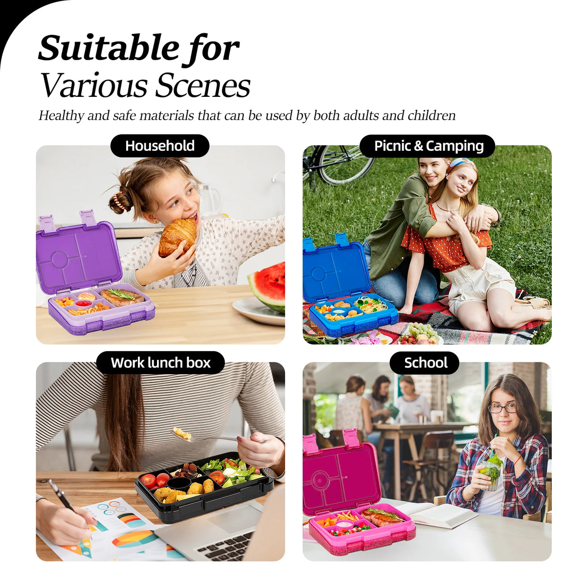 Kids Glitter Bento Lunch Box 5 Compartment Leakproof Food Container
