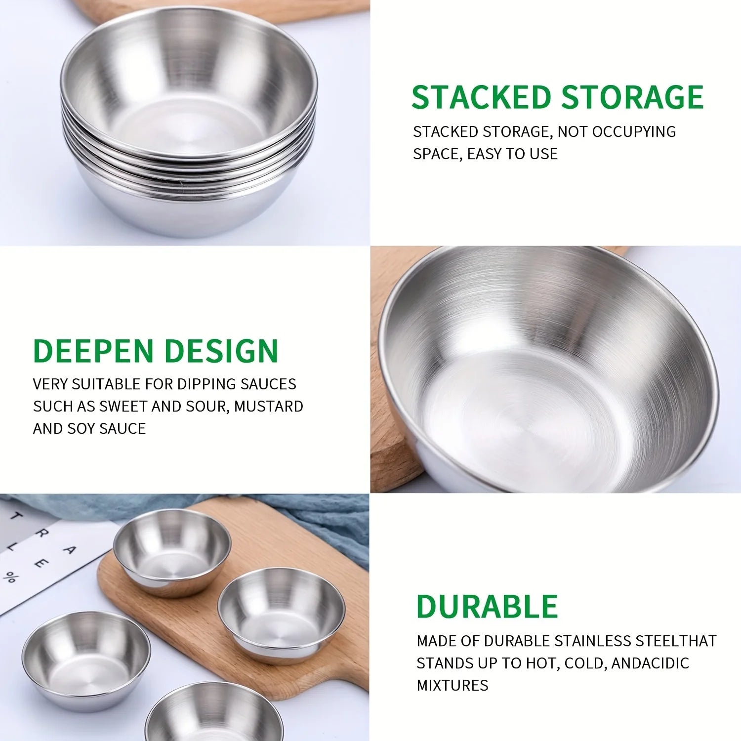 4PCS Stainless Steel Sauce Dishes Gold Appetizer Serving Bowls Set