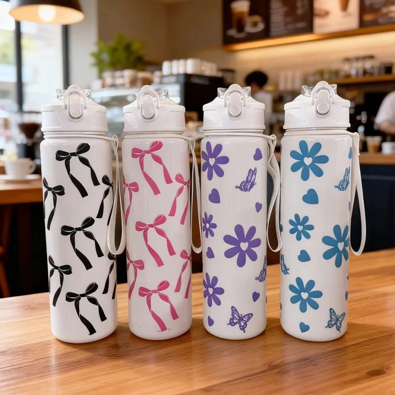 750ml Cute Pattern Water Bottle Leak Proof Sports Jug with Straw Strap - 7