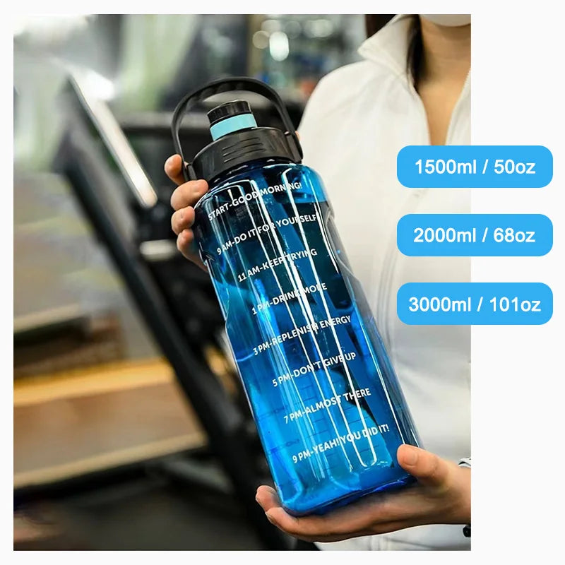 Large Capacity Sports Water Bottle with Straw and Time Marker