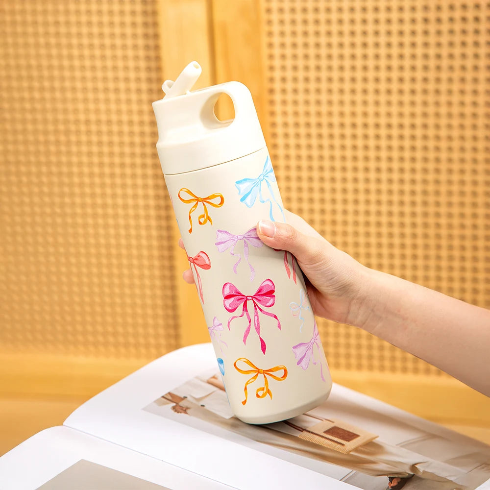 500ml Bow Print Insulated Stainless Steel Tumbler Cup with Straw - 1