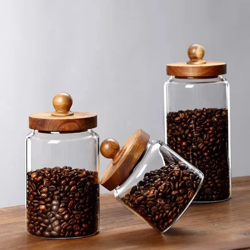 Glass Airtight Food Storage Jar with Wood Lid Kitchen Organizer Canister - 2