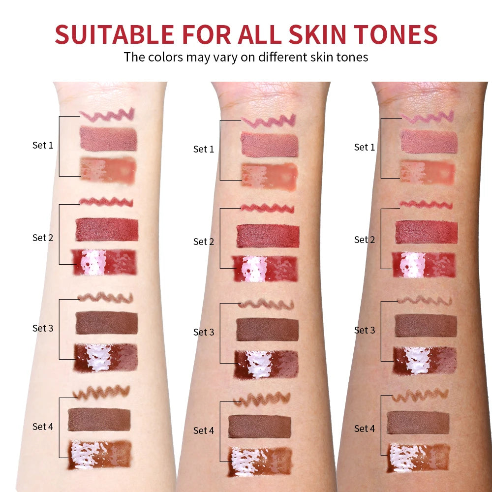 Matte Lipstick Lip Gloss Set Waterproof Nude Red Lip Liner Kit - 5