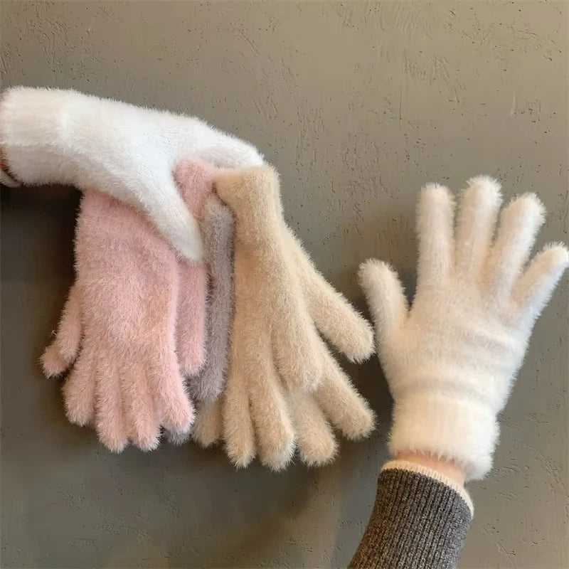 Women Winter Plush Warm Gloves Soft Five Finger Cold Proof Mittens