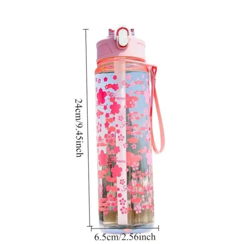 800ml Printed Space Water Bottle with Straw and Portable Carry Strap