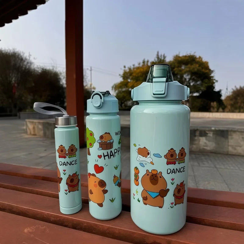 3Pcs Capybara Motivational Water Bottle Set Portable Sports Jugs