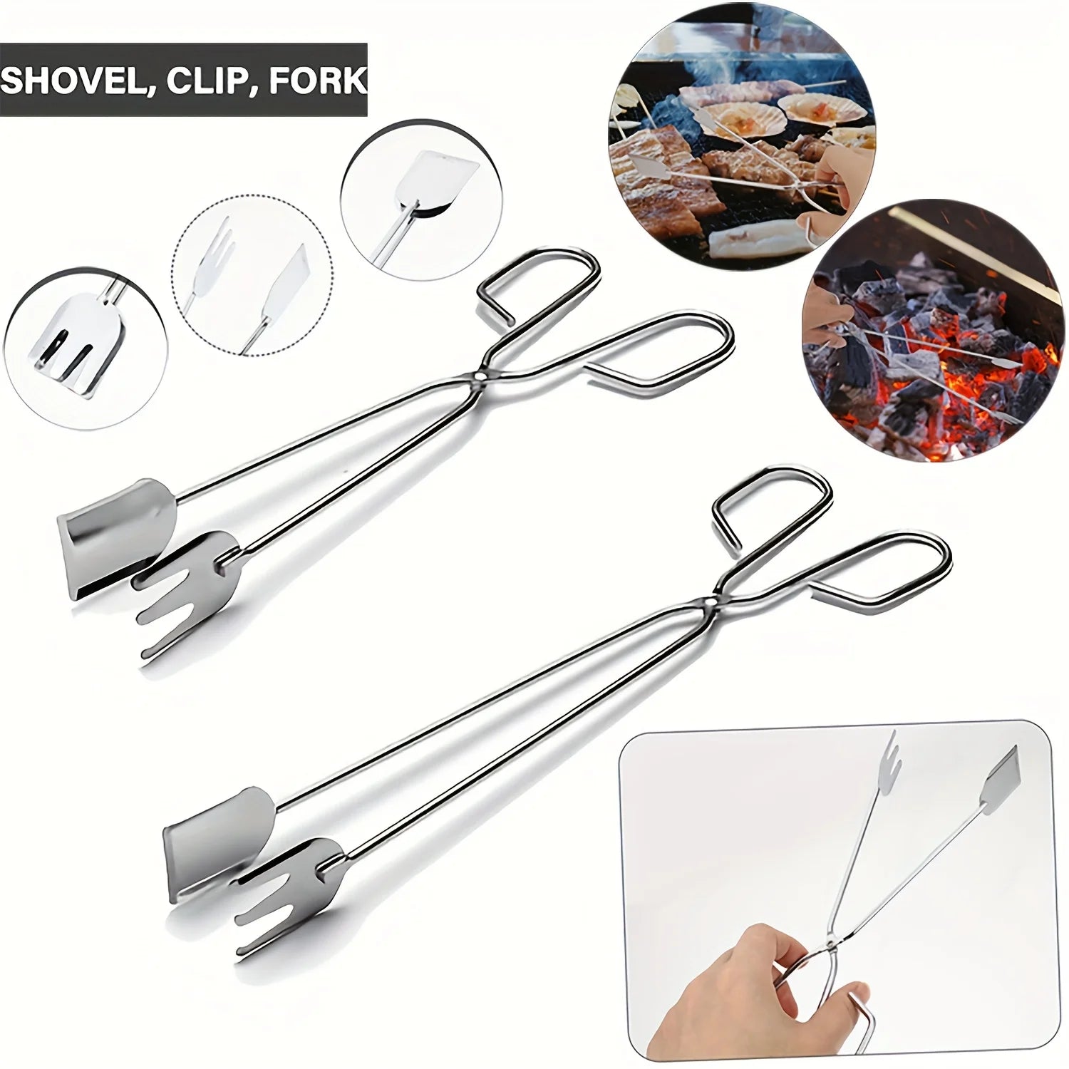 3Pcs Stainless Steel BBQ Scissor Tongs Kitchen Food Grill Clamps - 7