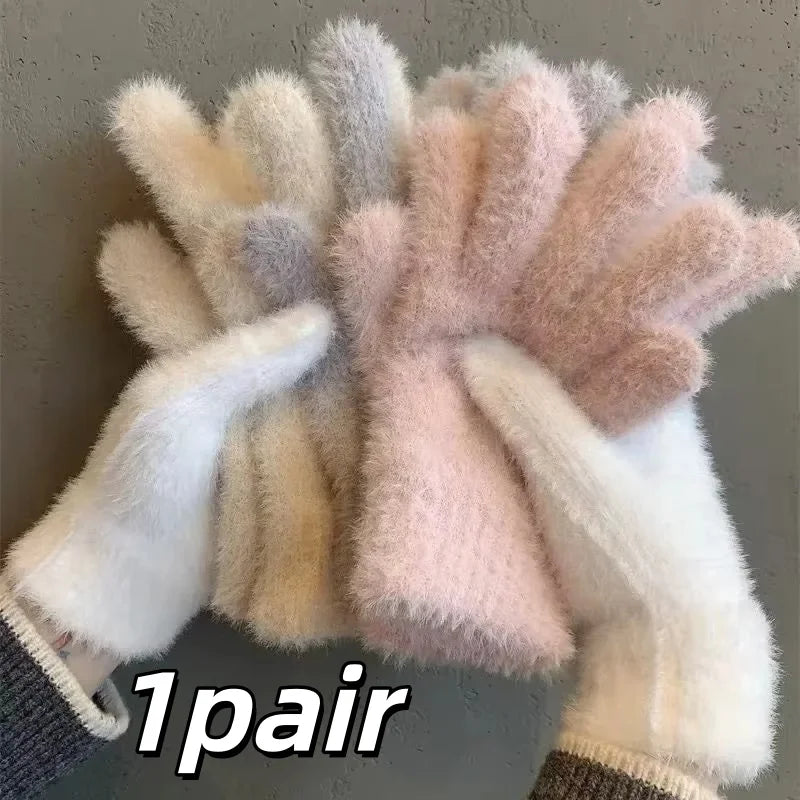 Women Winter Plush Warm Gloves Soft Five Finger Cold Proof Mittens