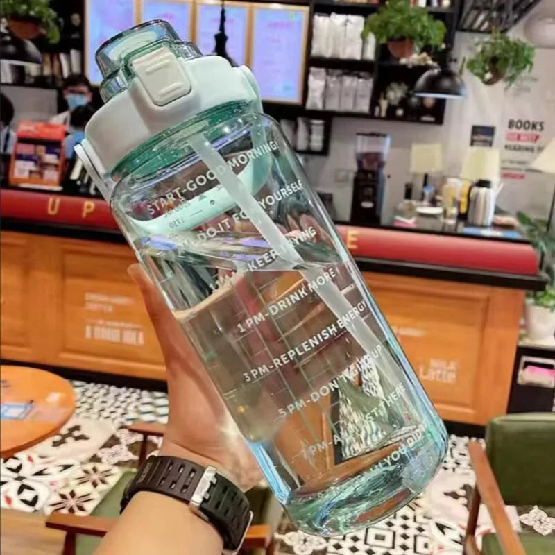 2L Motivational Water Bottle with Straw Time Marker Fitness Sport Jug