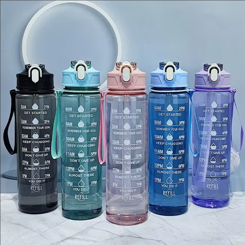 900ml Motivational Sports Water Bottle with Time Marker and Straw