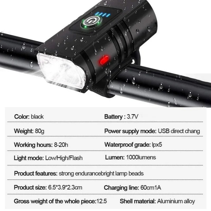USB Rechargeable LED Bike Light 1000LM MTB Bicycle Headlight Front Lamp - 2