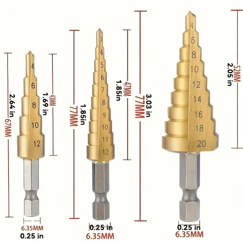 3 Piece Pagoda Step Drill Bit Set High Speed Steel Hole Opener - 11