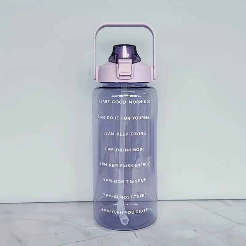 2L Large Water Bottle with Time Marker Straw and Portable Carry Handle