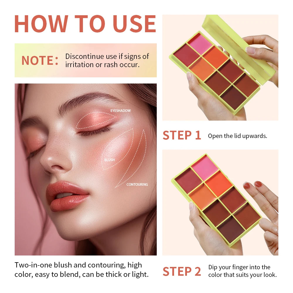 8-Color Blusher Cream Palette Face Blush and Contour Makeup - 3