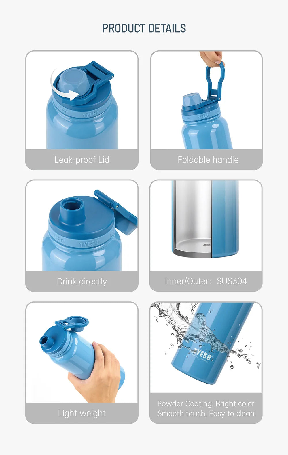 TYESO Stainless Steel Vacuum Insulated Water Bottle Travel Flask - 18