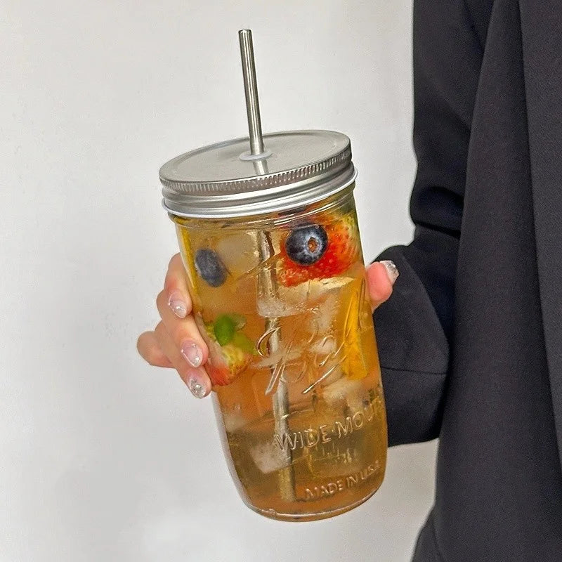 650ml Glass Coffee Cup with Straw and Lid Transparent Iced Drink Mug - 16