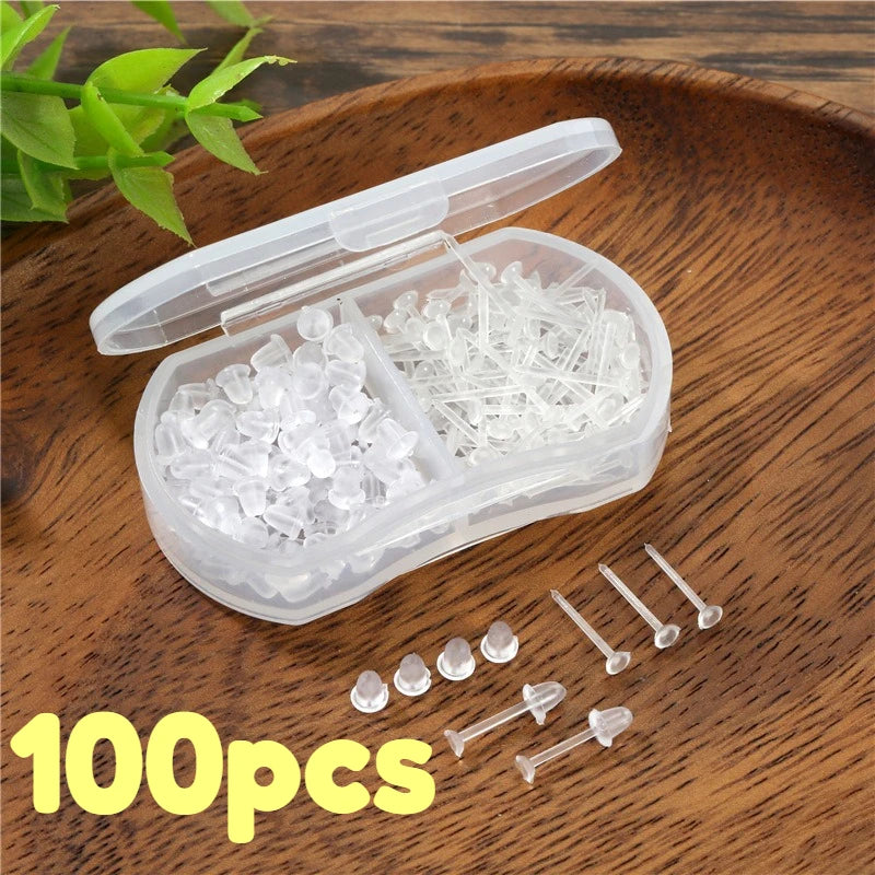 100pcs Clear Plastic Earring Studs Invisible Piercing Retainers DIY