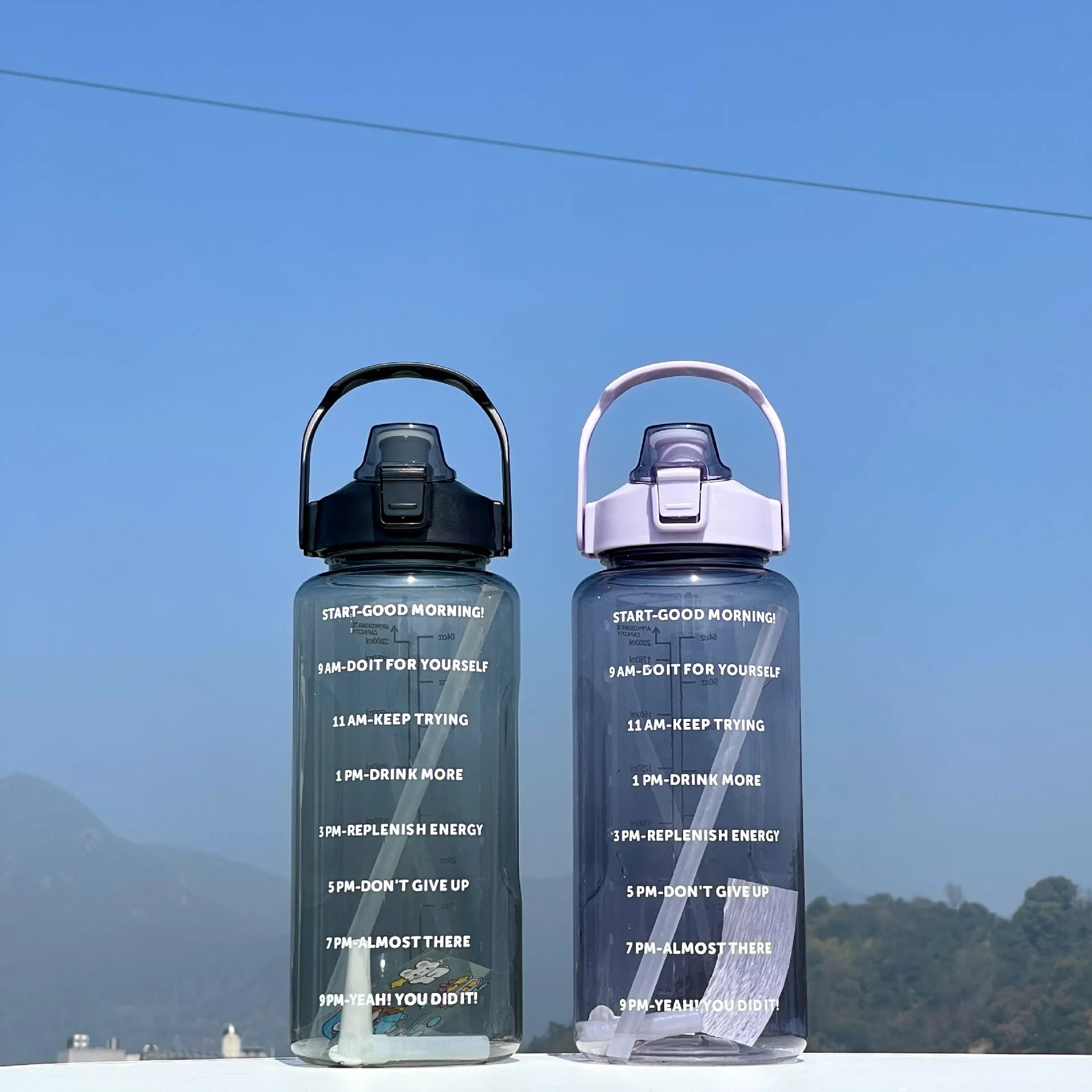 2L Large Sports Water Bottle Motivational Straw Jug Fitness Gym Cup - 8