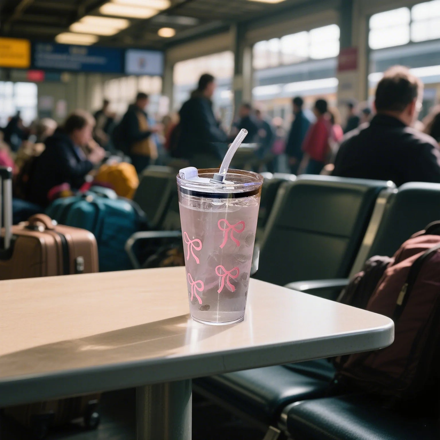 Pink Bow Plastic Tumbler with Straw and Lid Transparent Drink Mug - 8