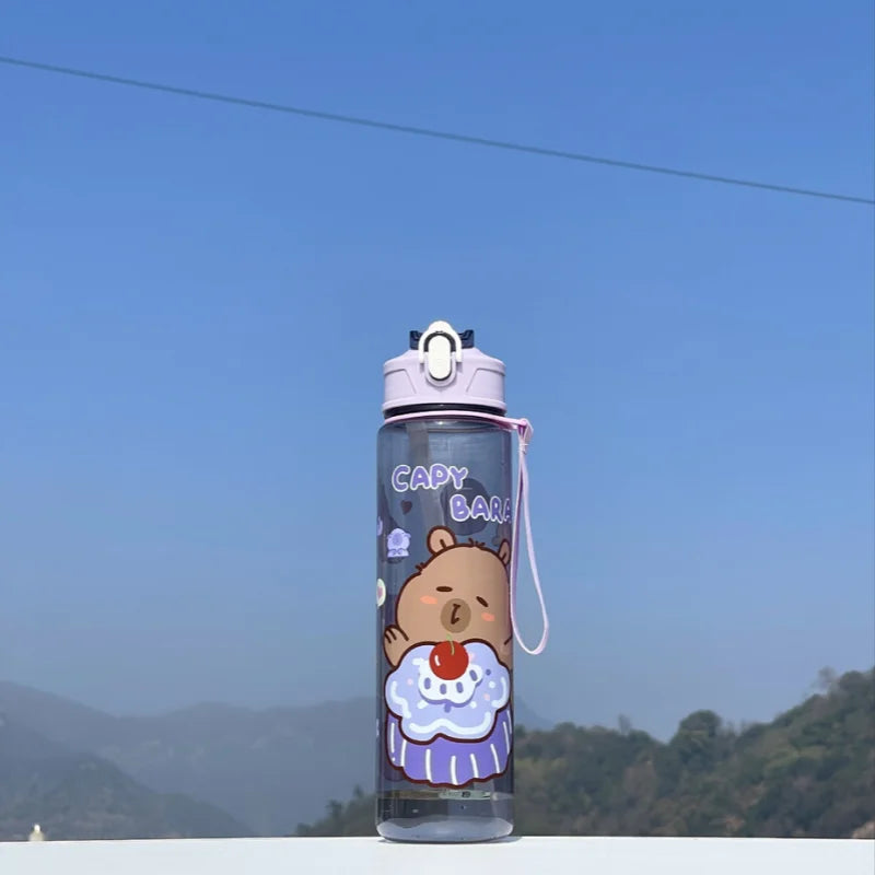 Cute Capybara Water Bottle Large Capacity Sports Cup with Straw and Strap - 8