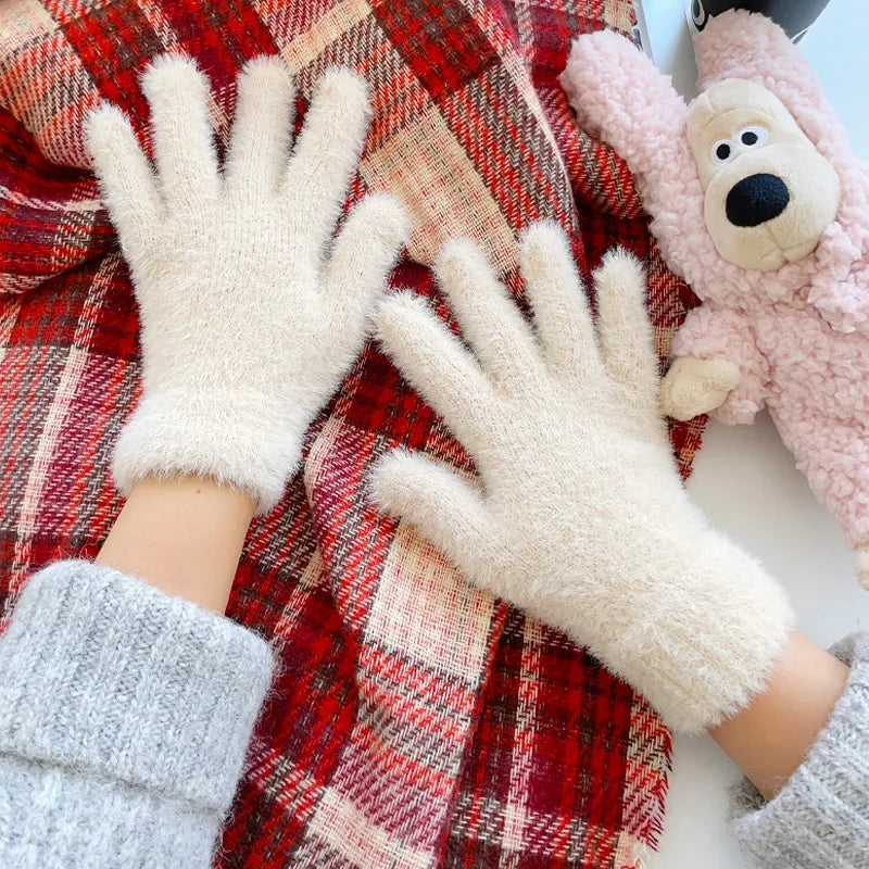 Women Winter Plush Warm Gloves Soft Five Finger Cold Proof Mittens - 9