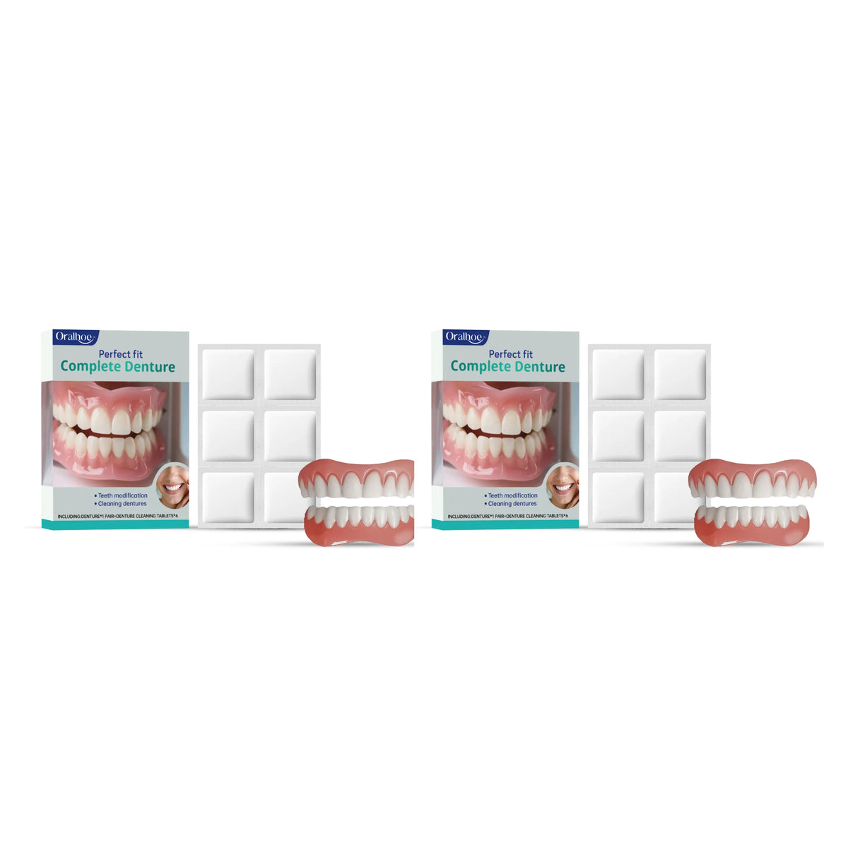Oralhoe Cosmetic Denture Kit Upper and Lower Teeth with Cleaning Tablets