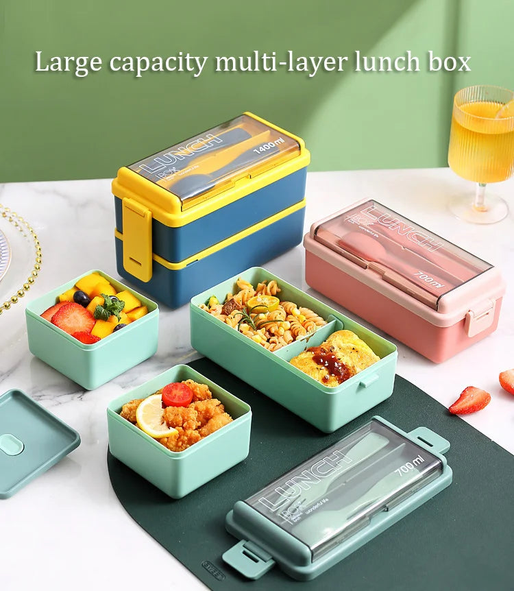 Double Layer Bento Lunch Box Leakproof Food Container with Cutlery Set