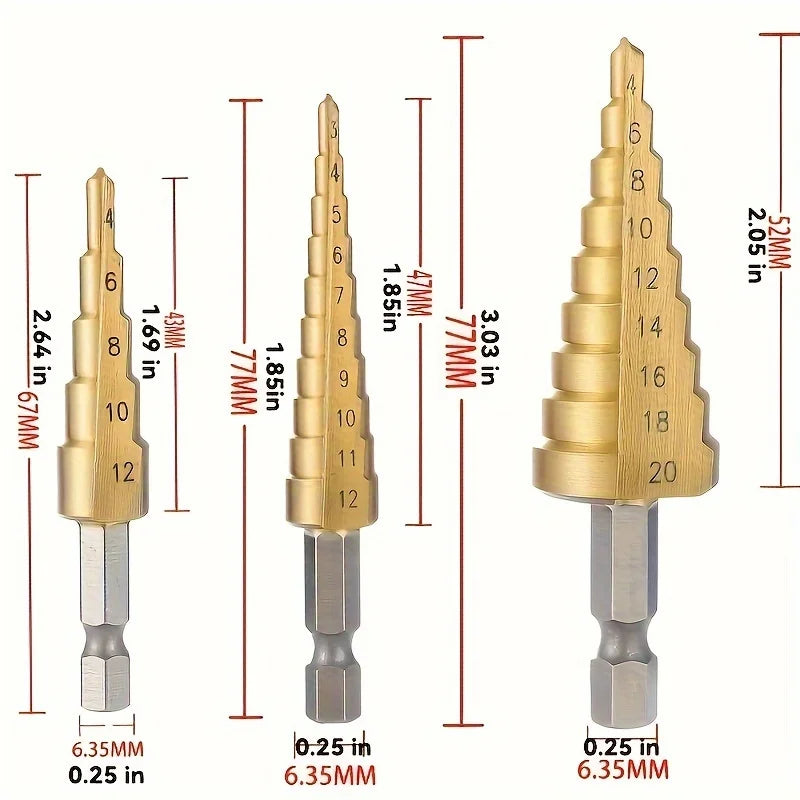 3 Piece Pagoda Step Drill Bit Set High Speed Steel Hole Opener