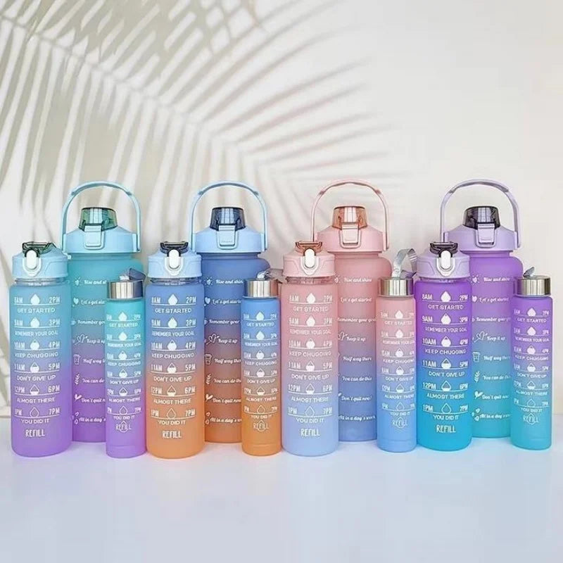 3-Piece Motivational Gradient Water Bottle Set with Straw and Time Marker - 3