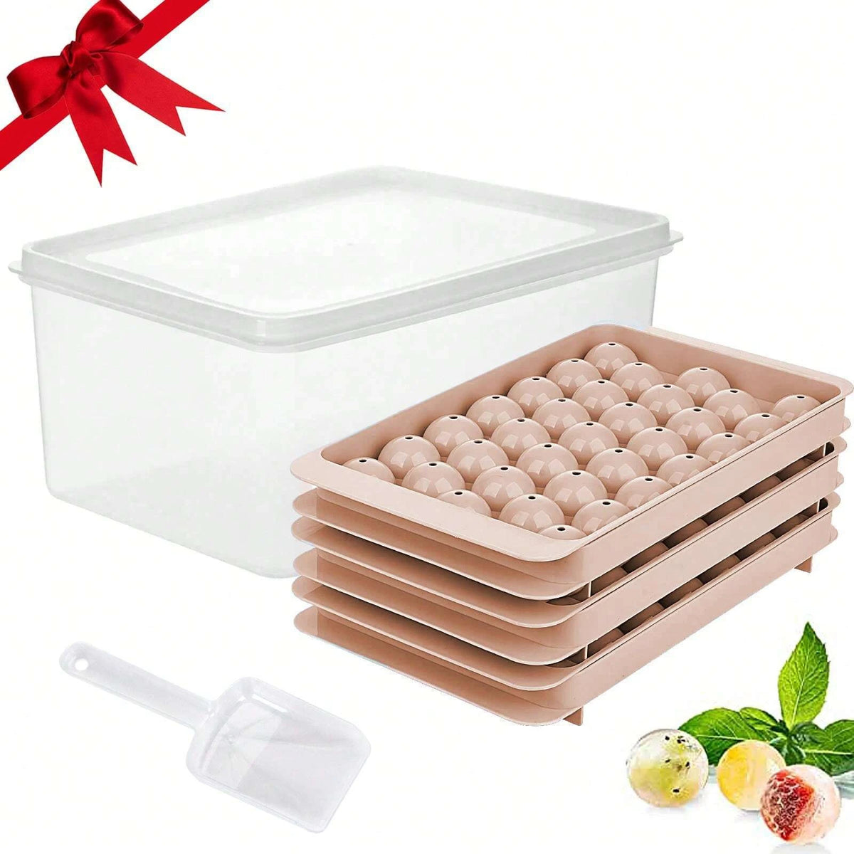 Round Ice Cube Tray Set with Storage Bin and Scoop for Whiskey Cocktail
