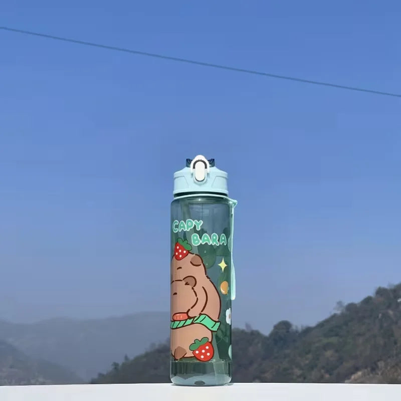 750ml Cute Capybara Water Bottle with Straw and Carrying Strap