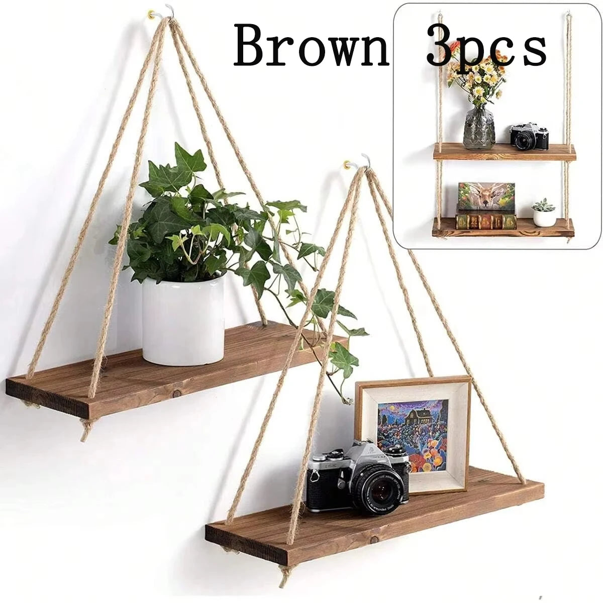 Wooden Hanging Wall Shelf Floating Rope Decor for Plants and Storage - 7