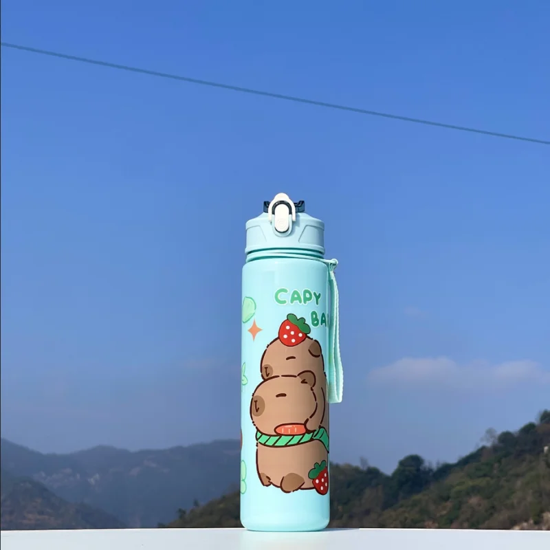 Cute Capybara Water Bottle Large Capacity Sports Cup with Straw and Strap