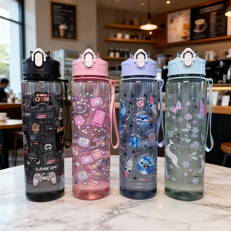 750ml Cartoon Water Bottle Portable Leak Proof Sport Tumbler with Straw