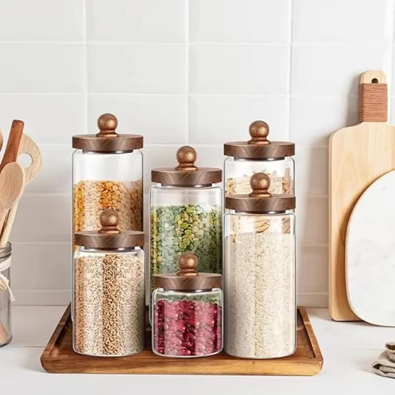 Glass Airtight Food Storage Jar with Wood Lid Kitchen Organizer Canister
