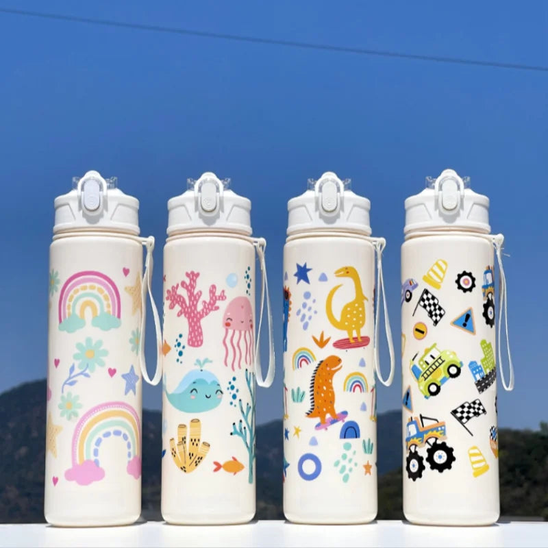 750ml Kids Cartoon Water Bottle with Straw Leak Proof Portable Cup