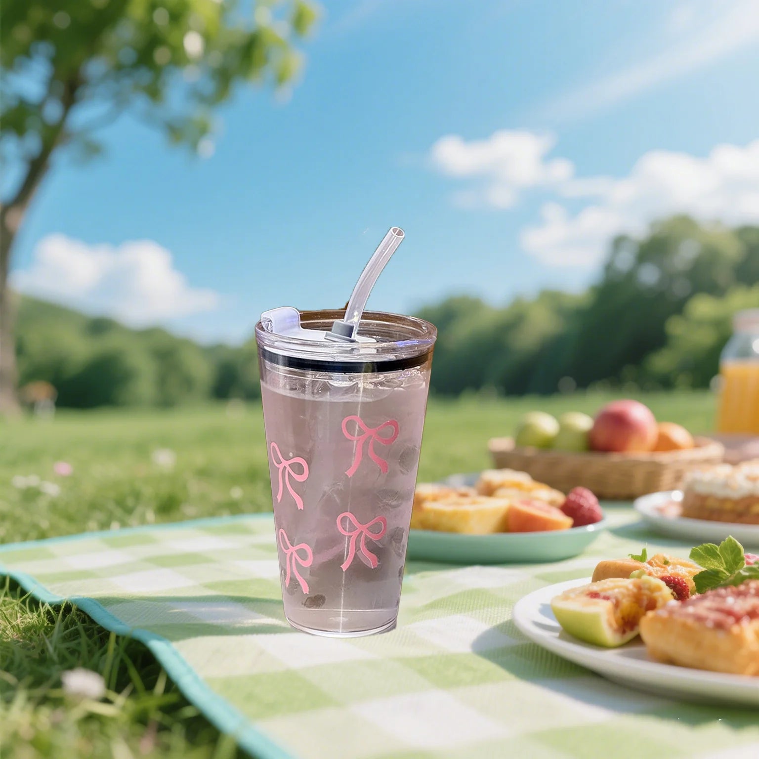 Pink Bow Plastic Tumbler with Straw and Lid Transparent Drink Mug - 4