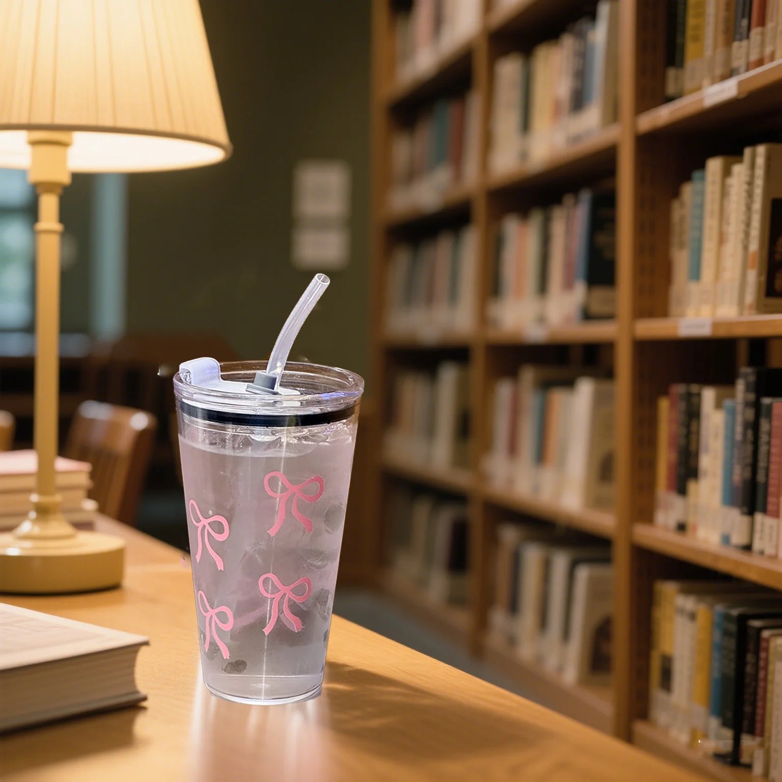 Pink Bow Plastic Tumbler with Straw and Lid Transparent Drink Mug