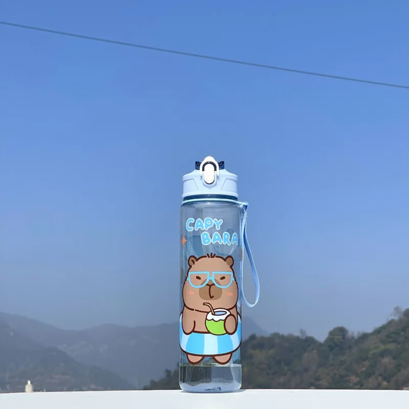 Cute Capybara Water Bottle Large Capacity Sports Cup with Straw and Strap