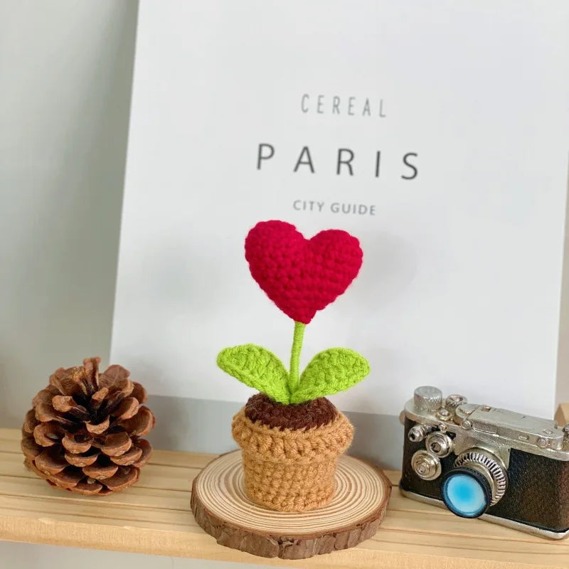 Handmade Knitted Heart Flower Pot Artificial Bonsai Desk Decoration Gift