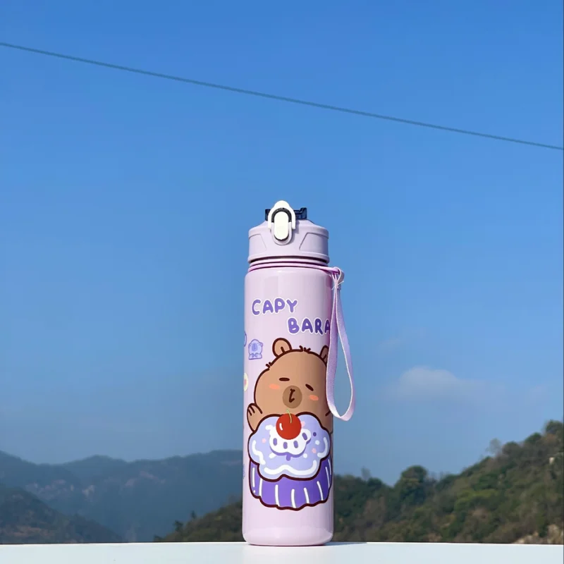 Cute Capybara Water Bottle Large Capacity Sports Cup with Straw and Strap - 10