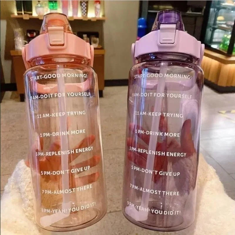 2L Motivational Sports Water Bottle with Straw Time Marker Fitness Jug
