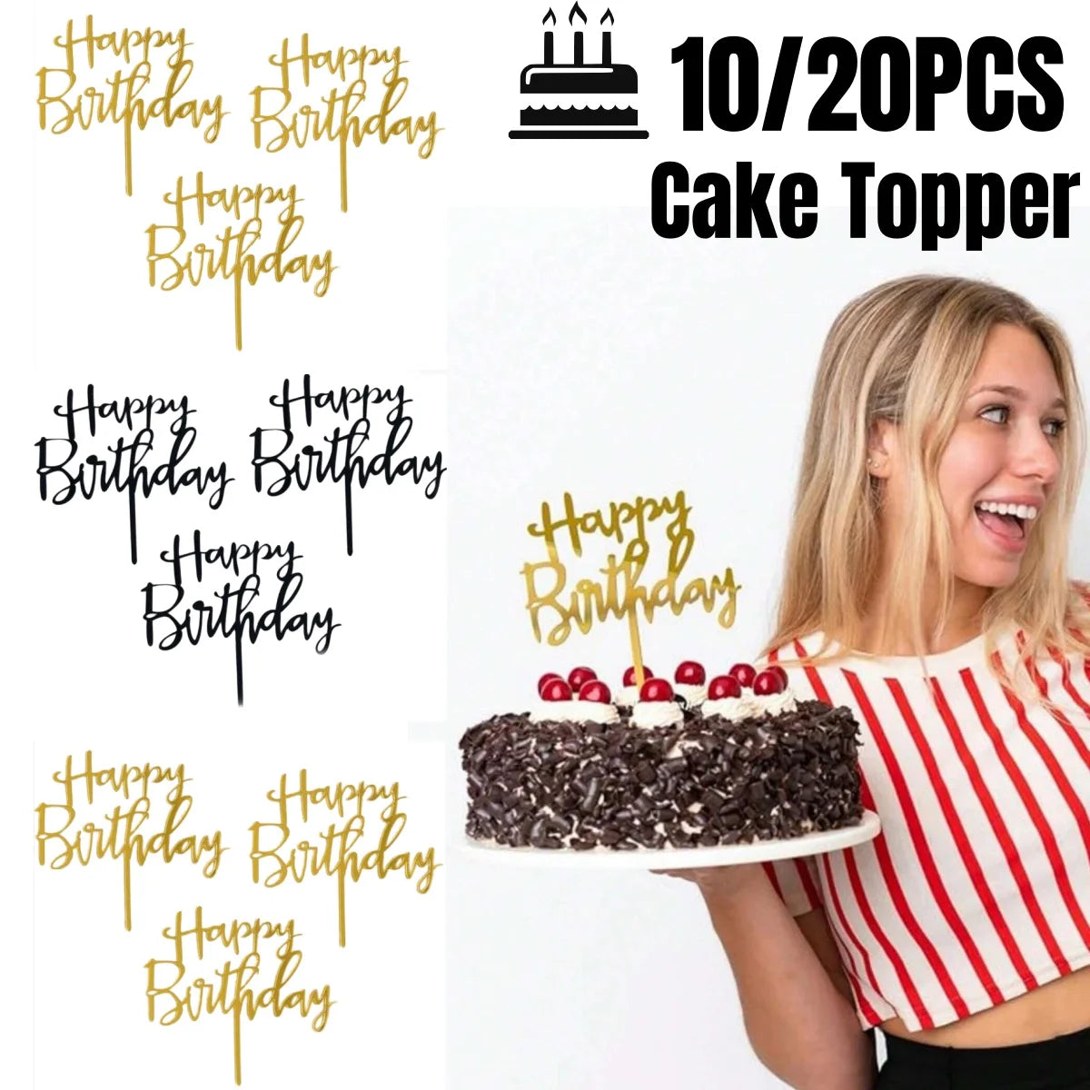 Happy Birthday Cake Topper Set Acrylic Party Dessert Decoration Supplies