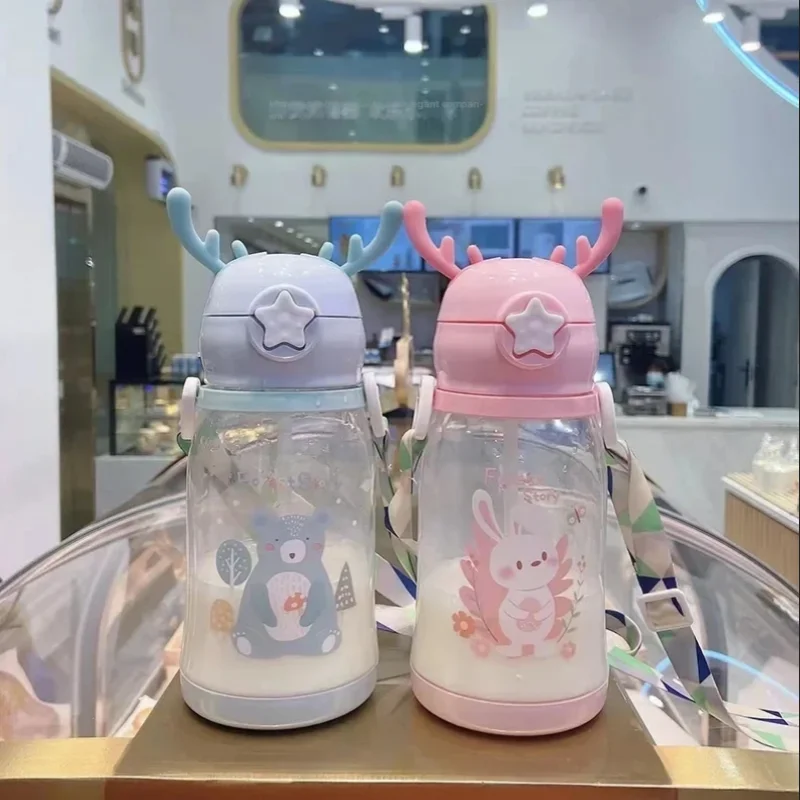 Kids Antler Straw Water Bottle Cute Cartoon Drinking Cup 600ml - 11