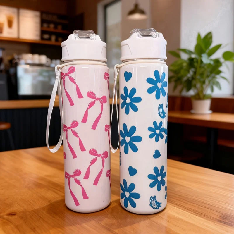 750ml Cute Pattern Water Bottle Leak Proof Sports Jug with Straw Strap