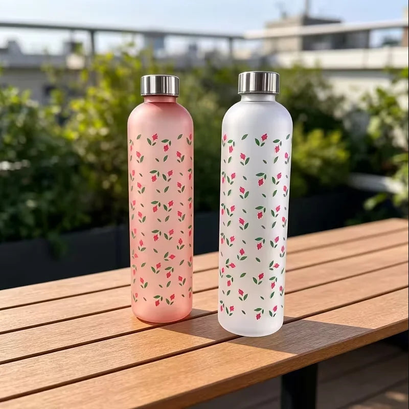 Floral Frosted Water Bottle 1000ml Leak Proof Sports Fitness Flask