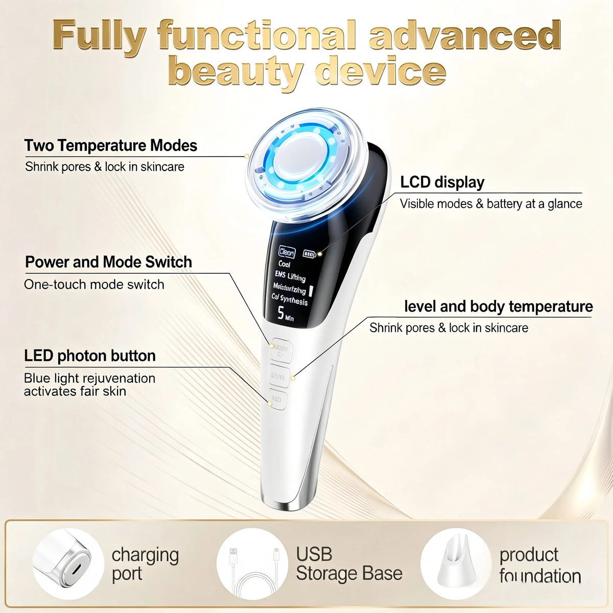 Microcurrent Facial Massager LED Light Therapy Skin Tightening Tool