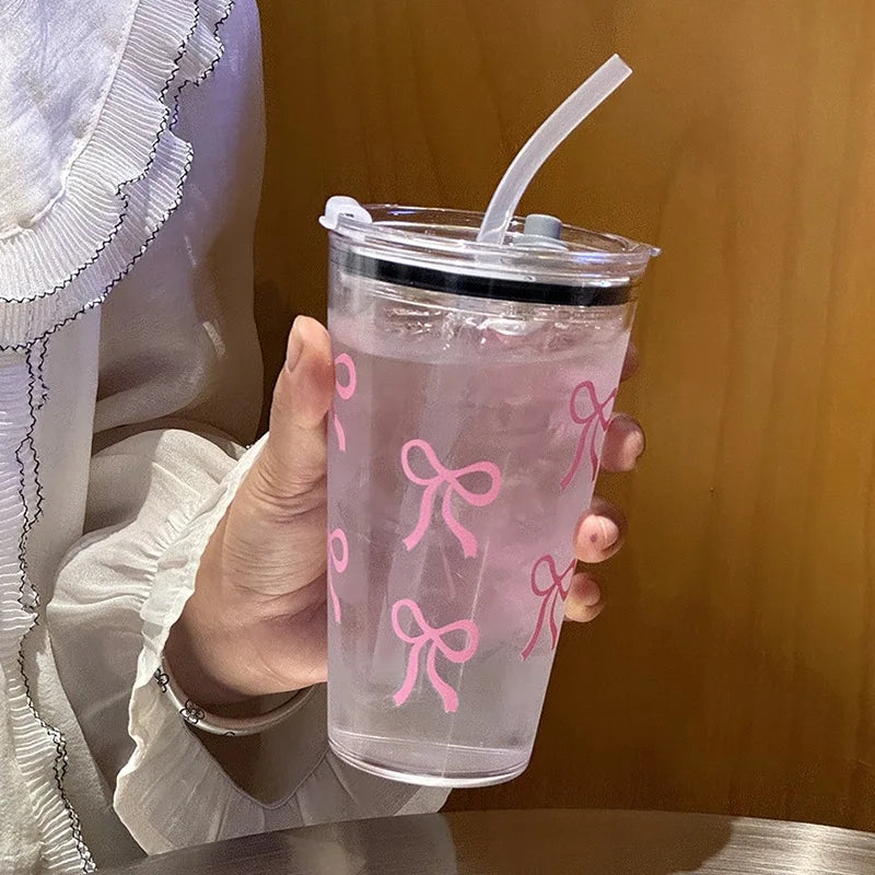 Pink Bow Plastic Tumbler with Straw and Lid Transparent Drink Mug